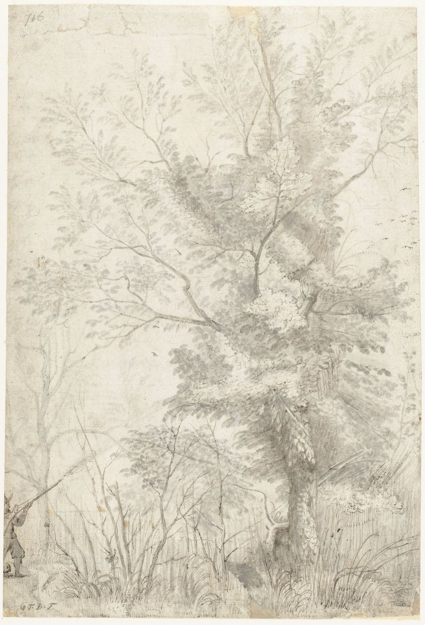 Bos van de Villa Madama buiten Rome, met een schietende jager door Gerard ter Borch