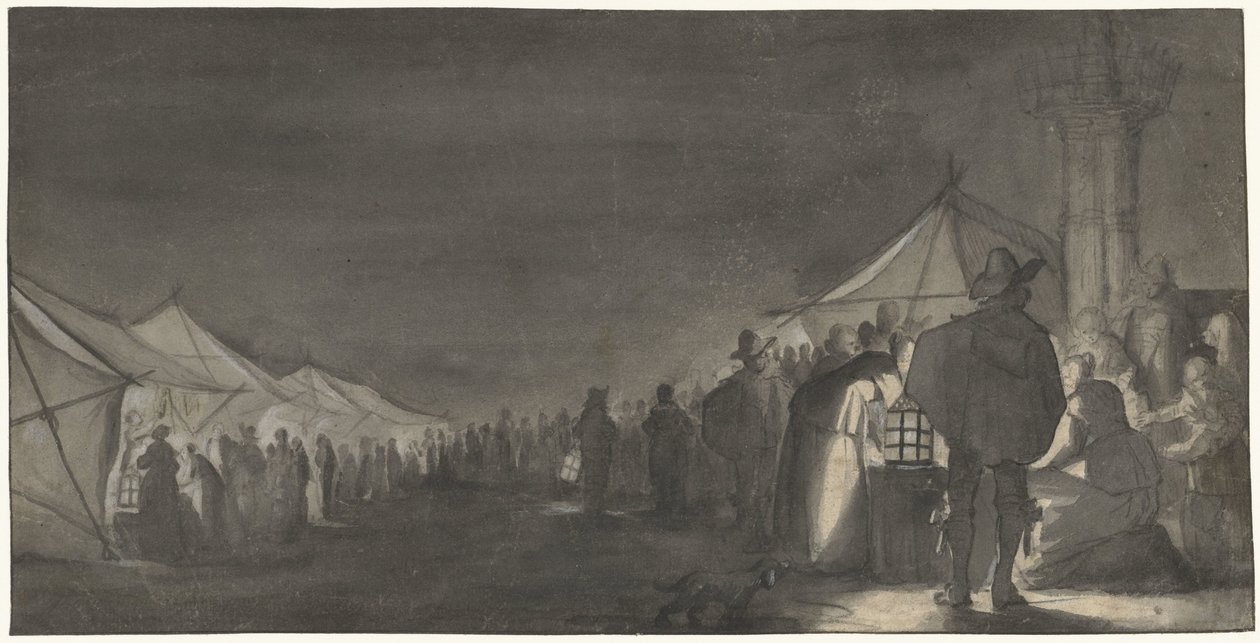 De Melkmarkt in Zwolle, bij avond door Gerard ter Borch (II)