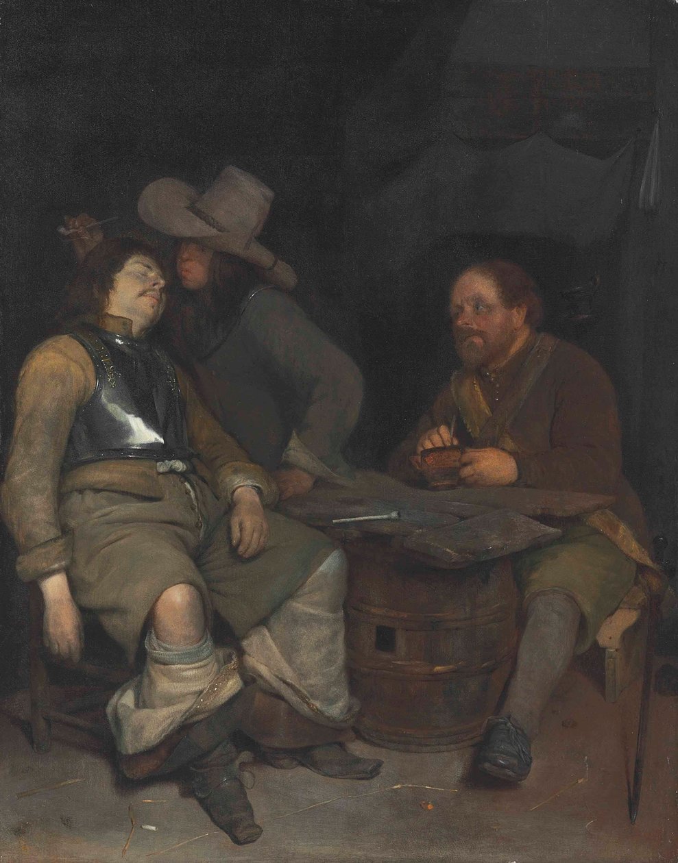 Een bewakersruimte binnen met een soldaat die rook blaast door Gerard ter Borch