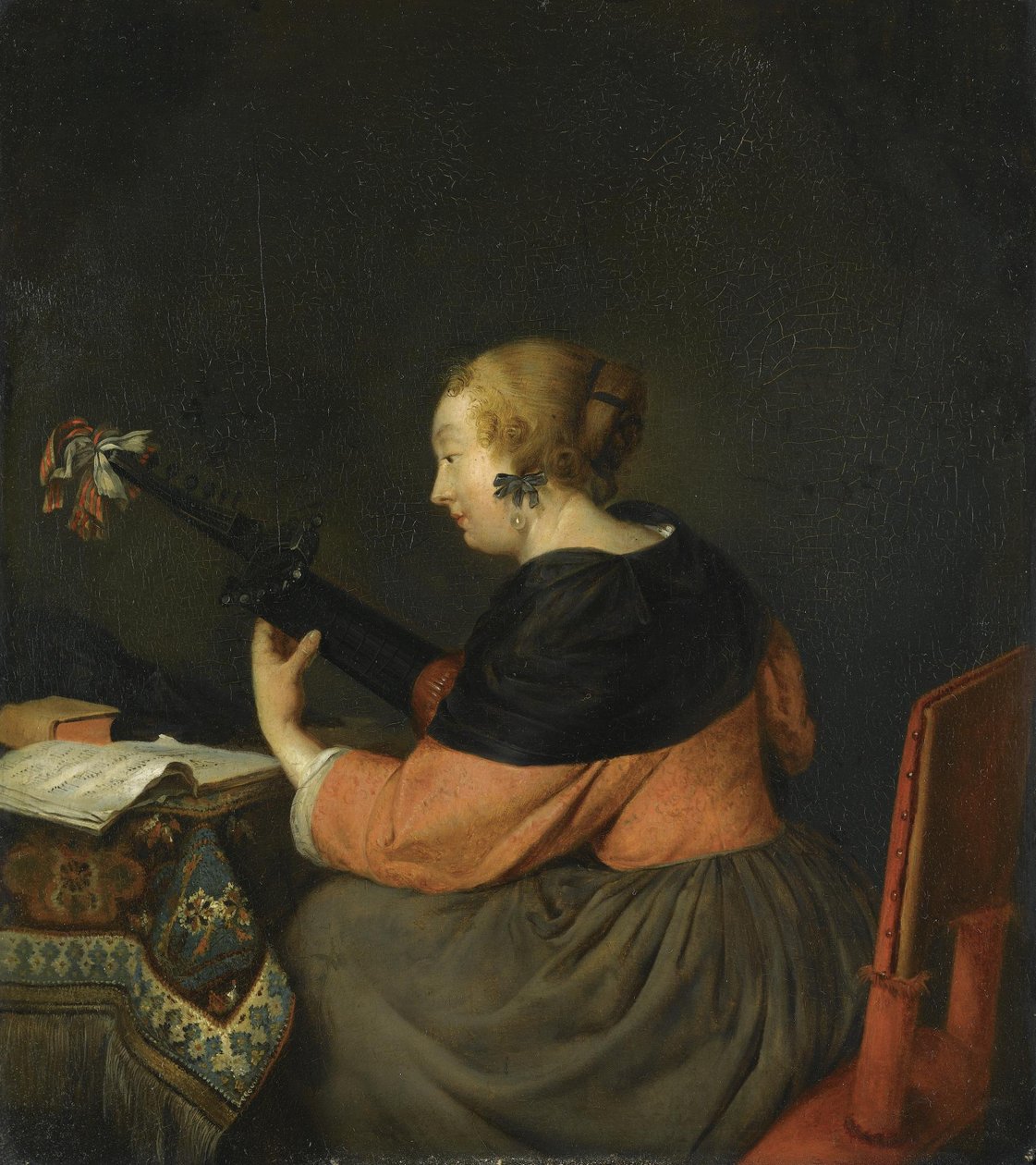Een dame zittend op een luit door Gerard ter Borch