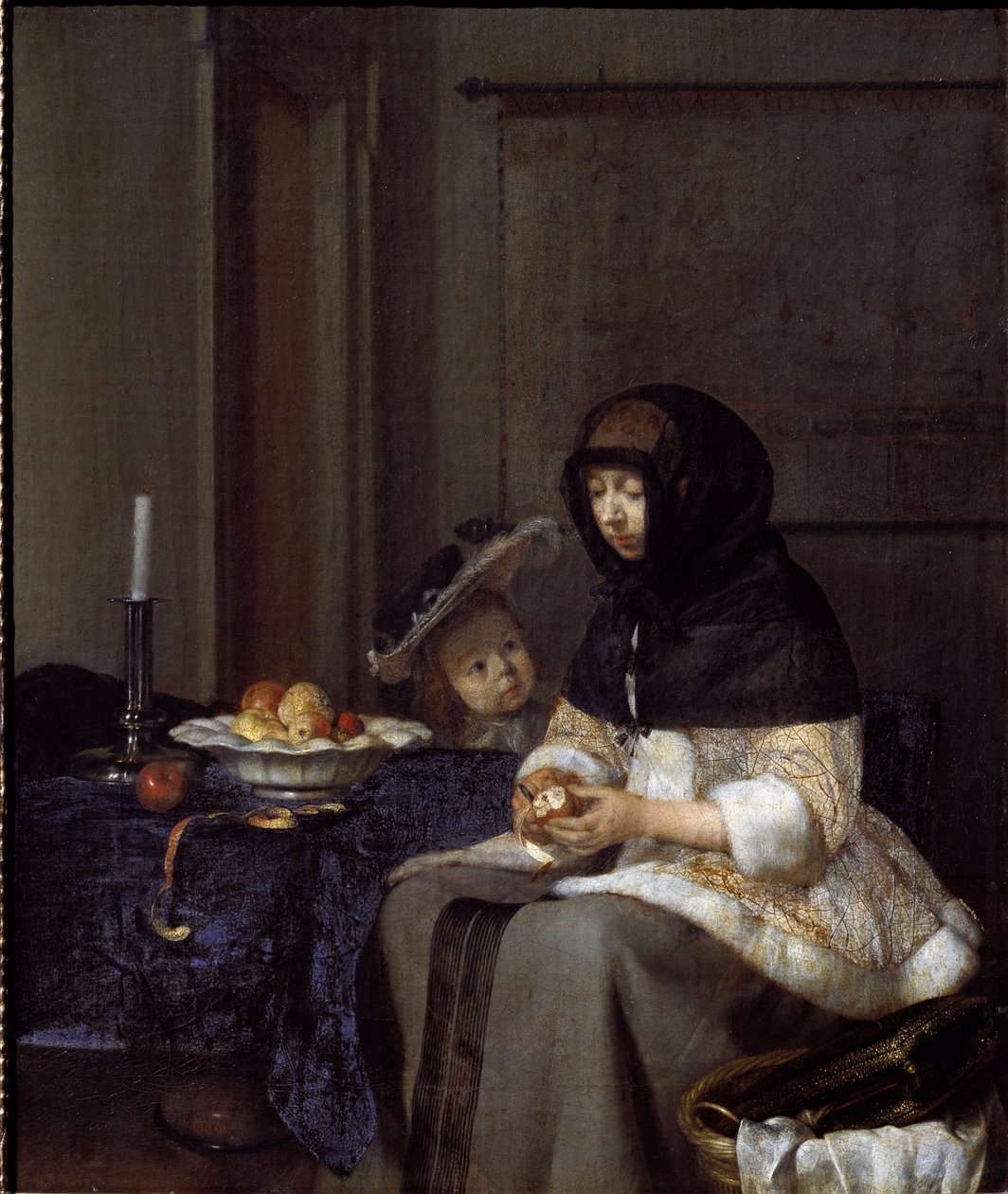 Een moeder die een appel schilt door Gerard ter Borch