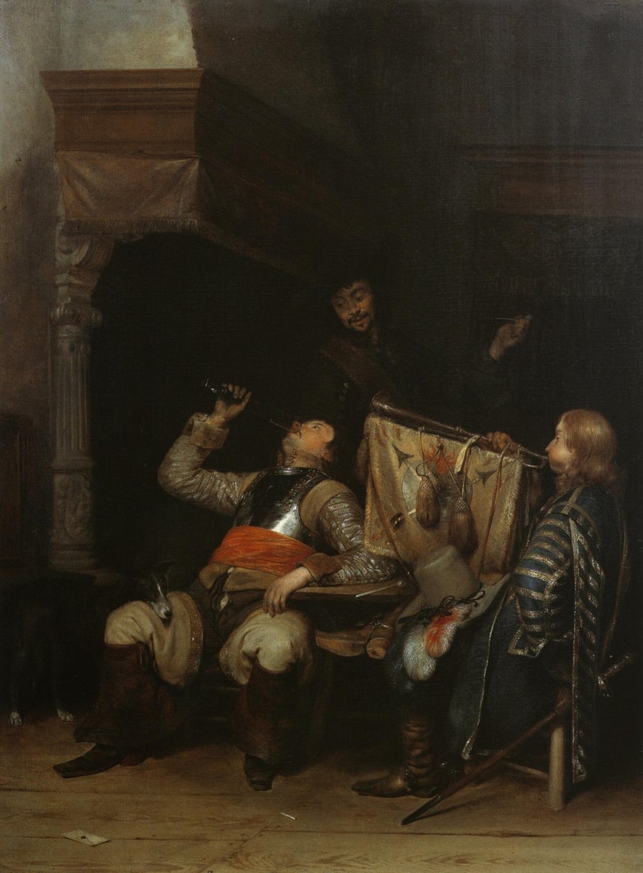 Soldaten drinken, roken en spelen muziek in een interieur door Gerard ter Borch