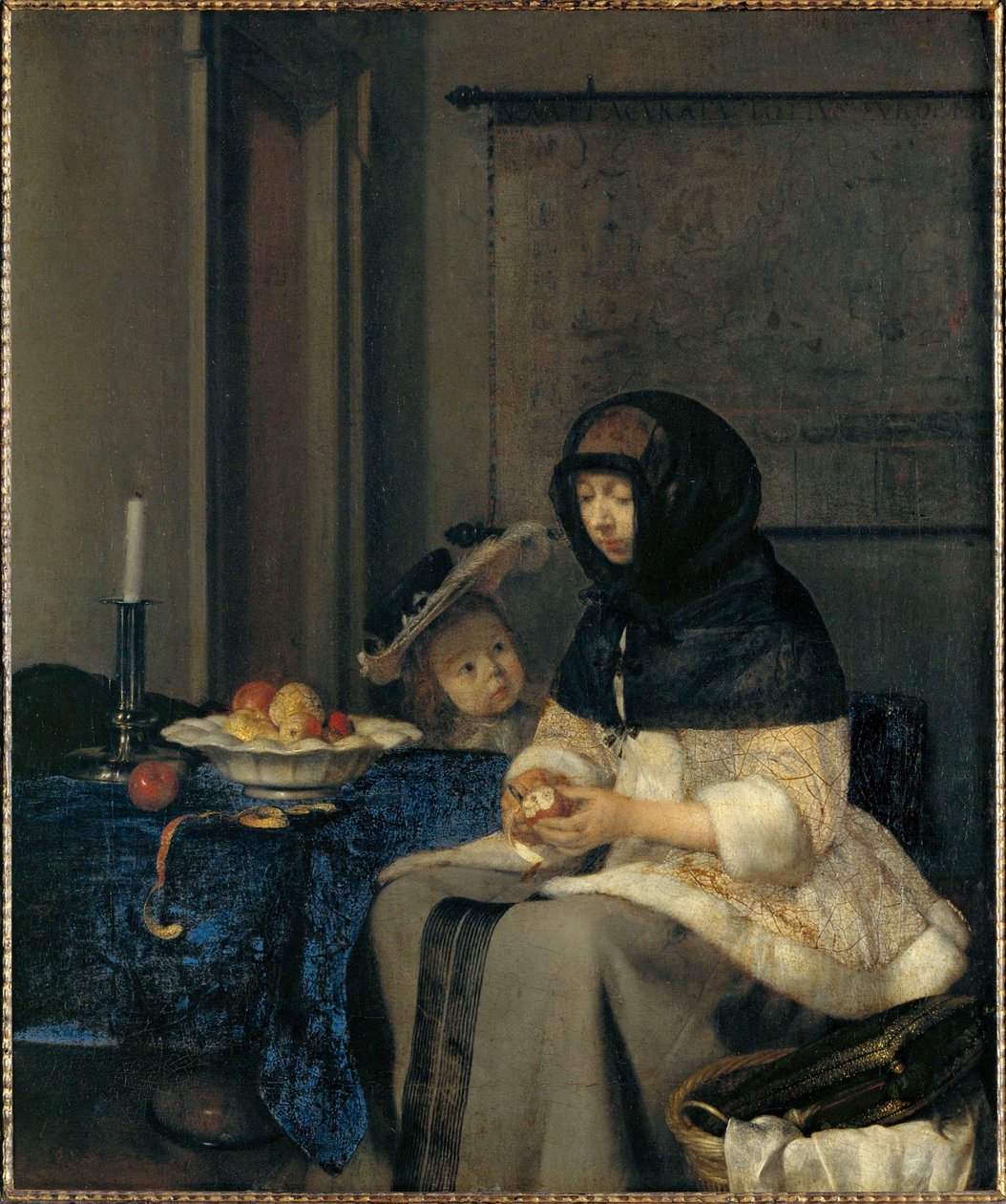 De appelschiller (olieverf op doek) door Gerard ter Borch or Terborch
