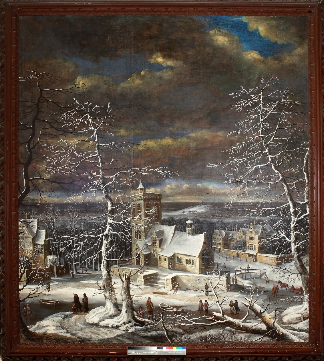 Een Dorp in de Winter met Figuren op het IJs door Gerard van Edema