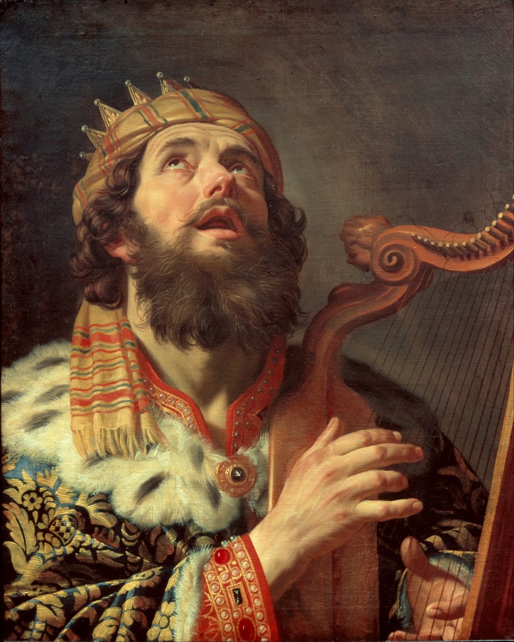 Nederlands: Harpspelende koning David Koning David speelt de harp door Gerard van Honthorst