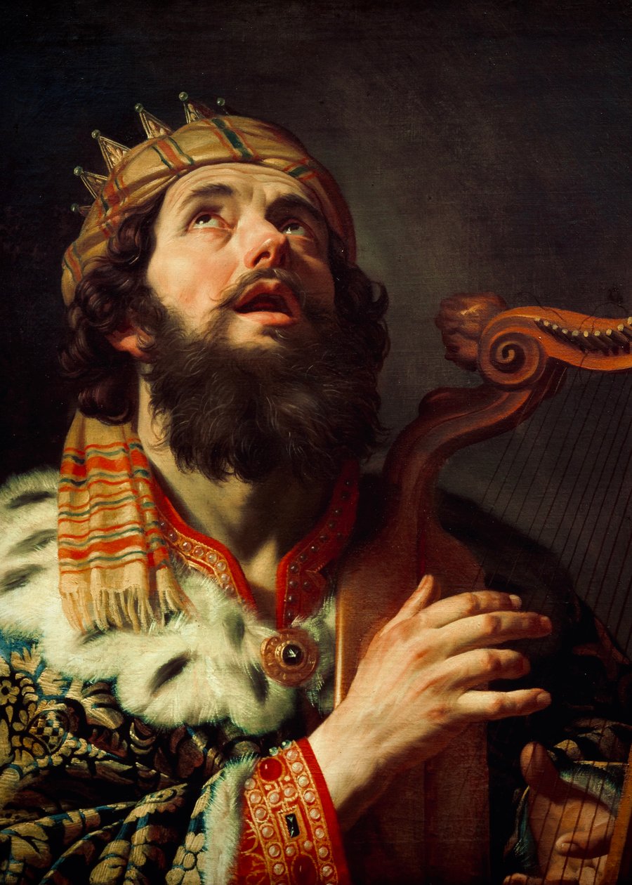 Nederlands: Harpspelende koning David Koning David speelt de harp door Gerard van Honthorst