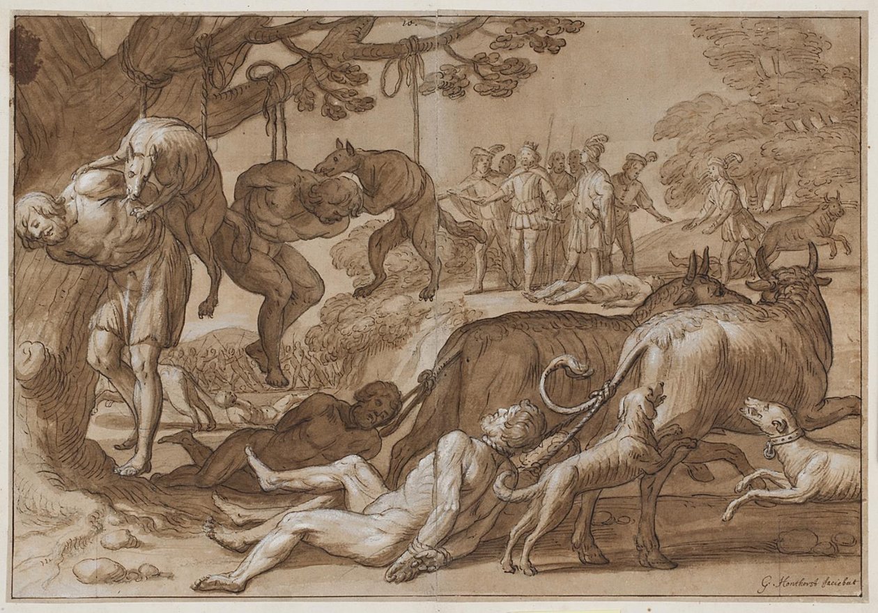 Koning Jarmeric martelt gevangen Wenden door Gerard van Honthorst