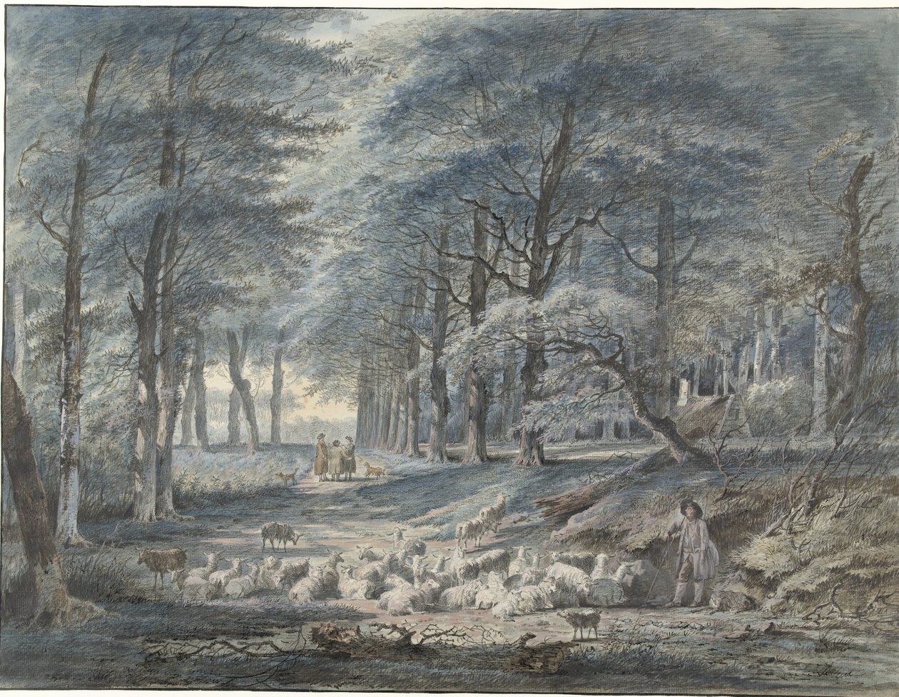 Bosgezicht met een herder en schapen en drie figuren door Gerard van Nijmegen