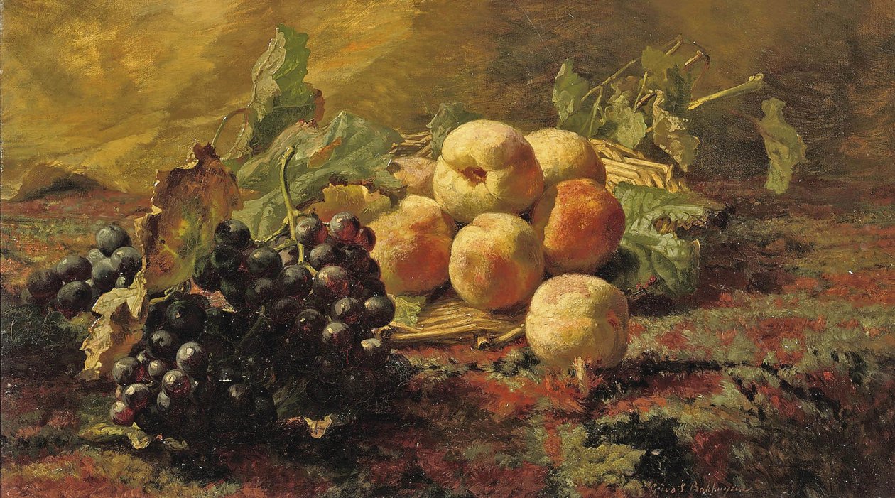 Blauwe druiven en perziken in een rieten mandje door Gerardina Jacoba van de Sande Bakhuyzen