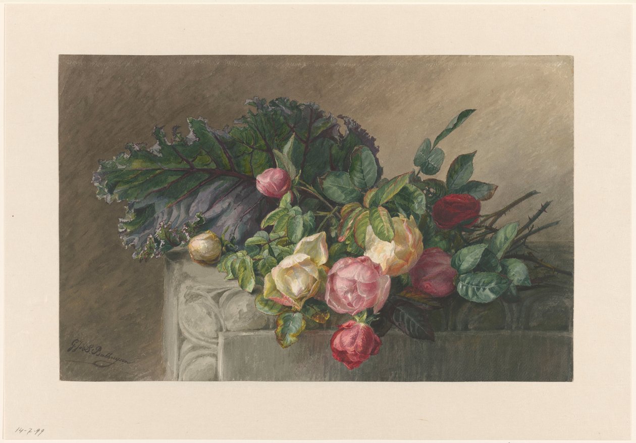 Stilleven met rozen en koolblad door Gerardina Jacoba van de Sande Bakhuyzen