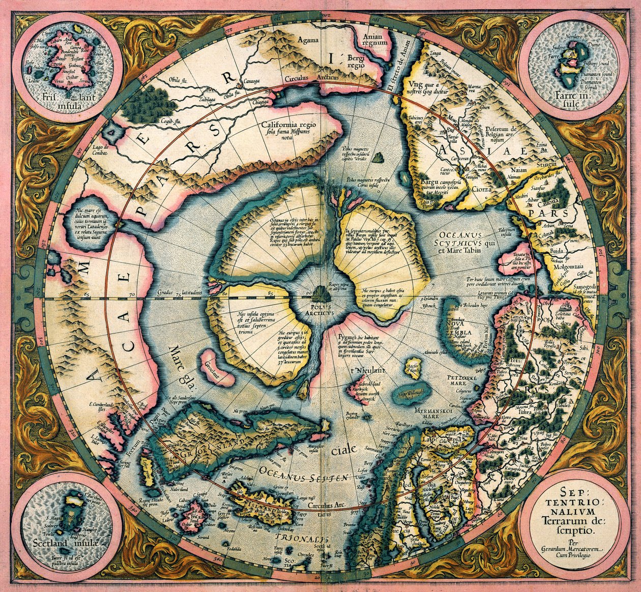 Septentrionalium terrarum descriptio, kaart van het Noordpoolgebied door Gerardus Mercator