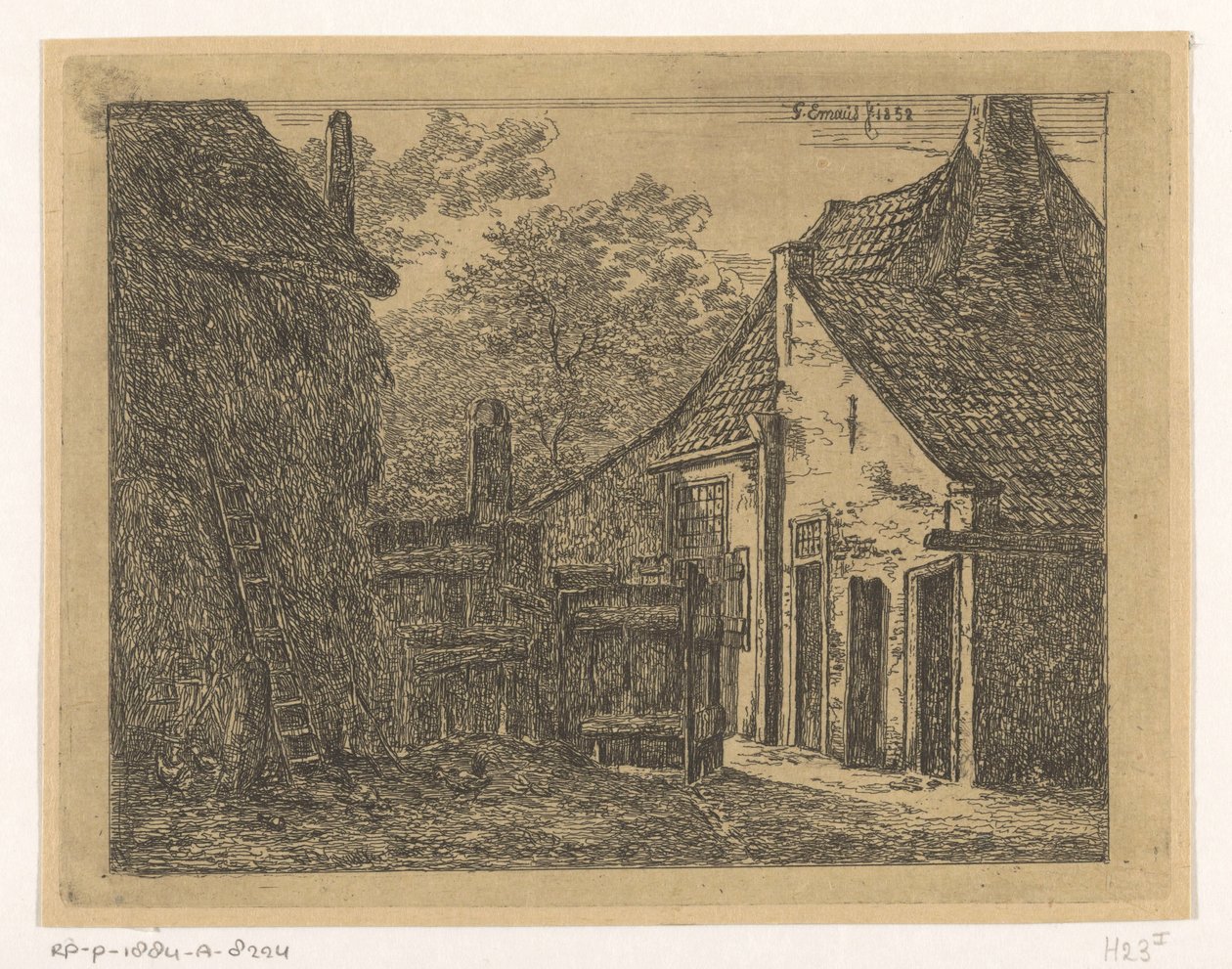 Boerderij met hooiberg (De boerderij te Pernis) door Gerardus Emaus de Micault