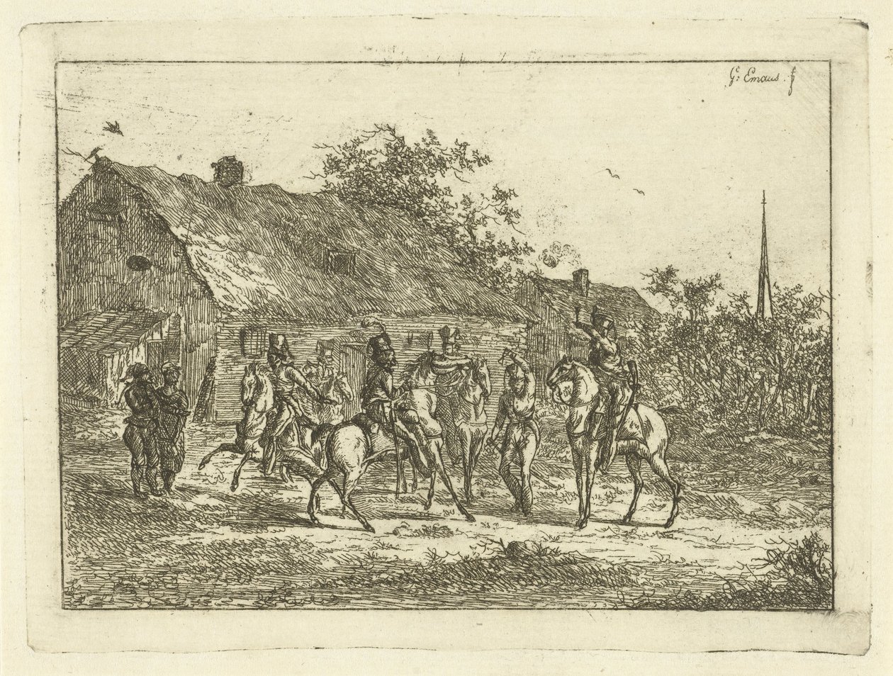 Cavalerie in een dorp door Gerardus Emaus de Micault