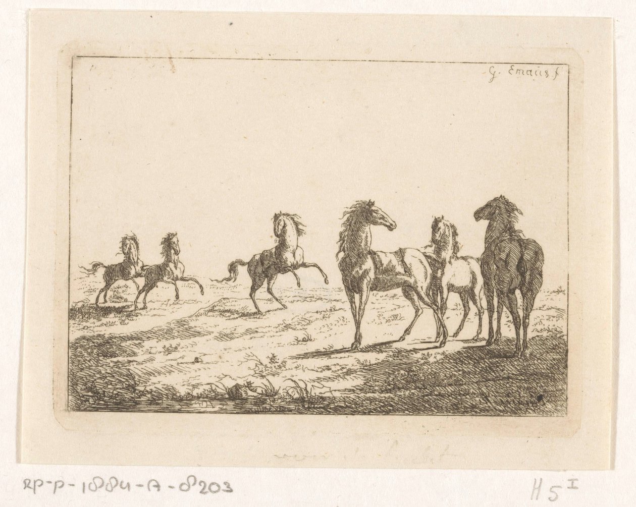 Kudde wilde paarden door Gerardus Emaus de Micault