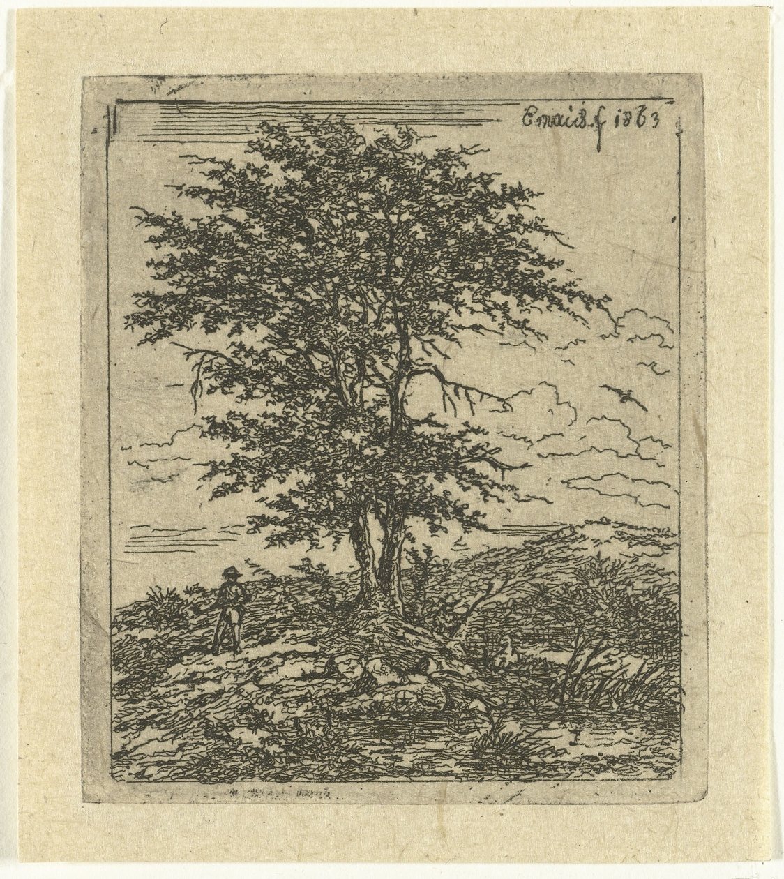 Landschap met eik en jager De eiken door Gerardus Emaus de Micault