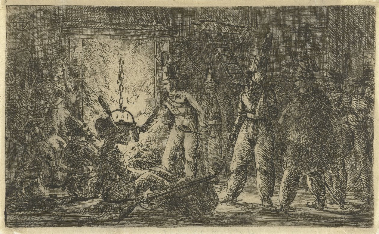 Soldaten bij het vuur door Gerardus Emaus de Micault