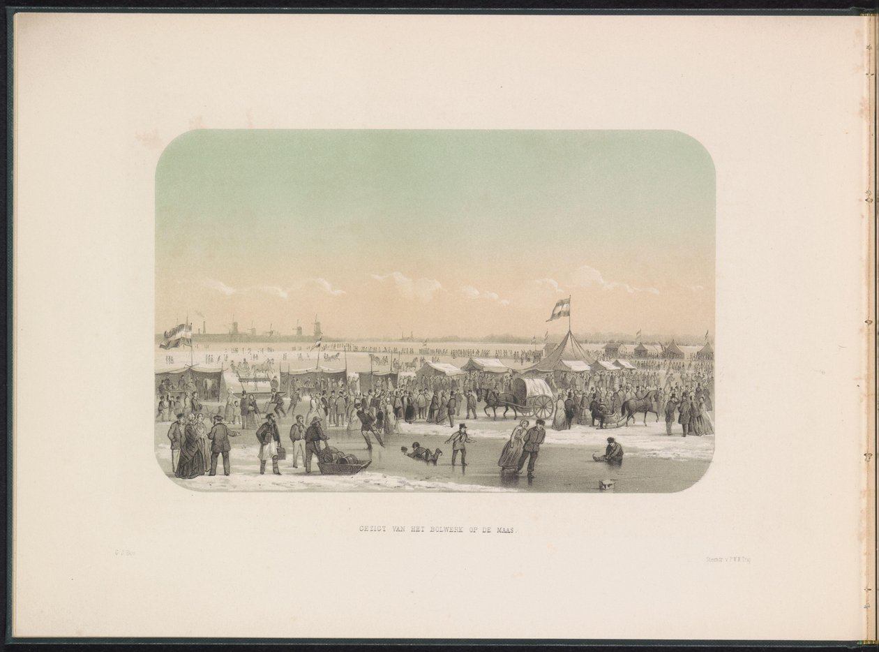 IJsvermaak op de Maas te Rotterdam, gezien vanaf het bolwerk, 1855 door Gerardus Johannes Bos