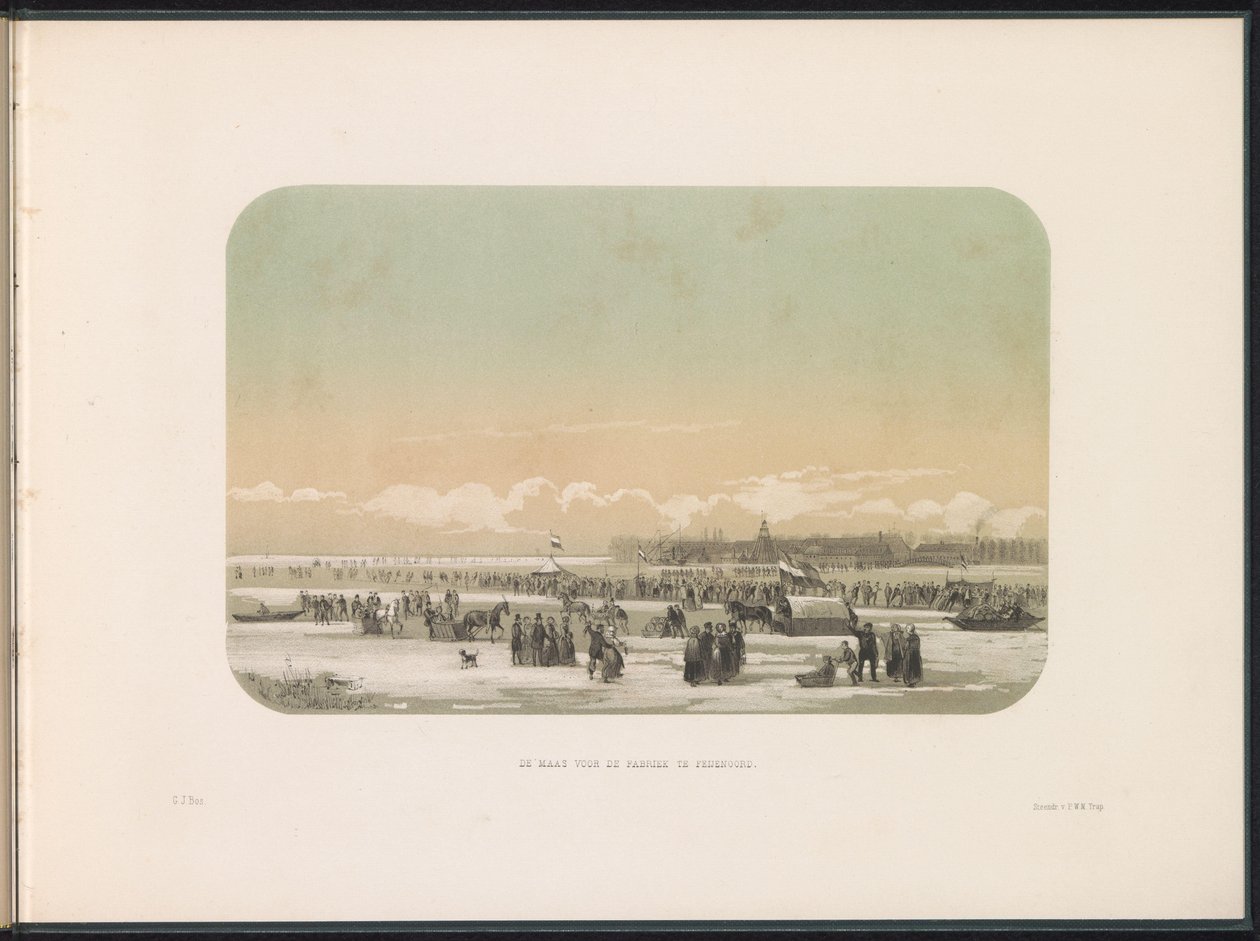 IJsvermaak op de Maas te Rotterdam, in de verte de fabriek te Feijenoord, 1855 door Gerardus Johannes Bos