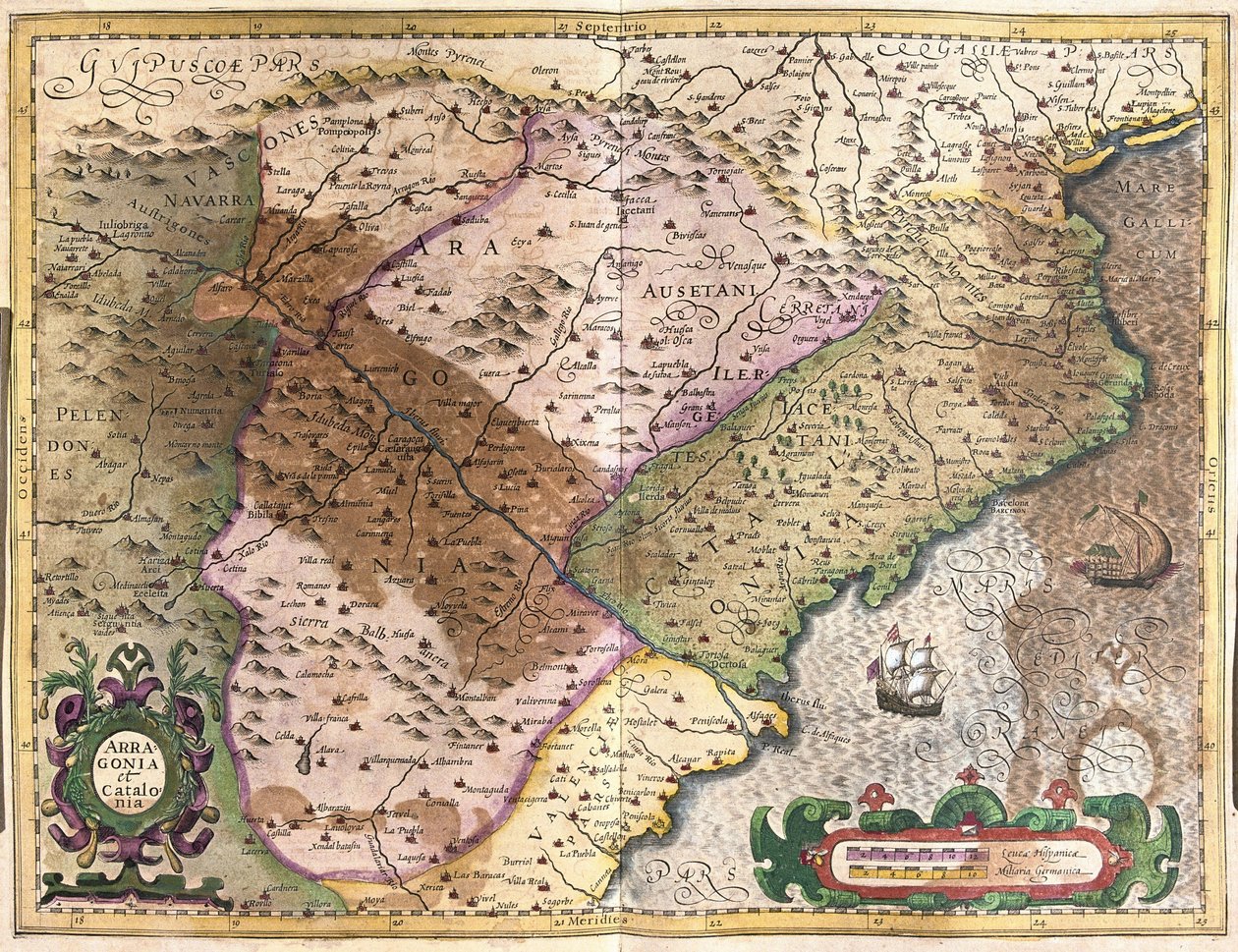 Aragon en Catalonië, Spanje (gravure) door Gerardus Mercator