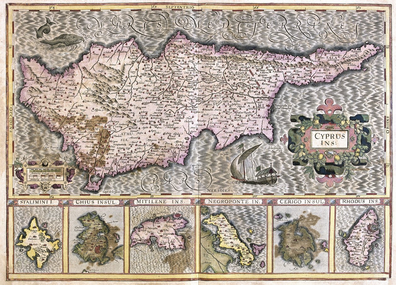 Cyprus en de eilanden Stalimini (Lemnos) Chios, Mitilene, Negroponte, Cerigo en Rhodus (gravure) door Gerardus Mercator