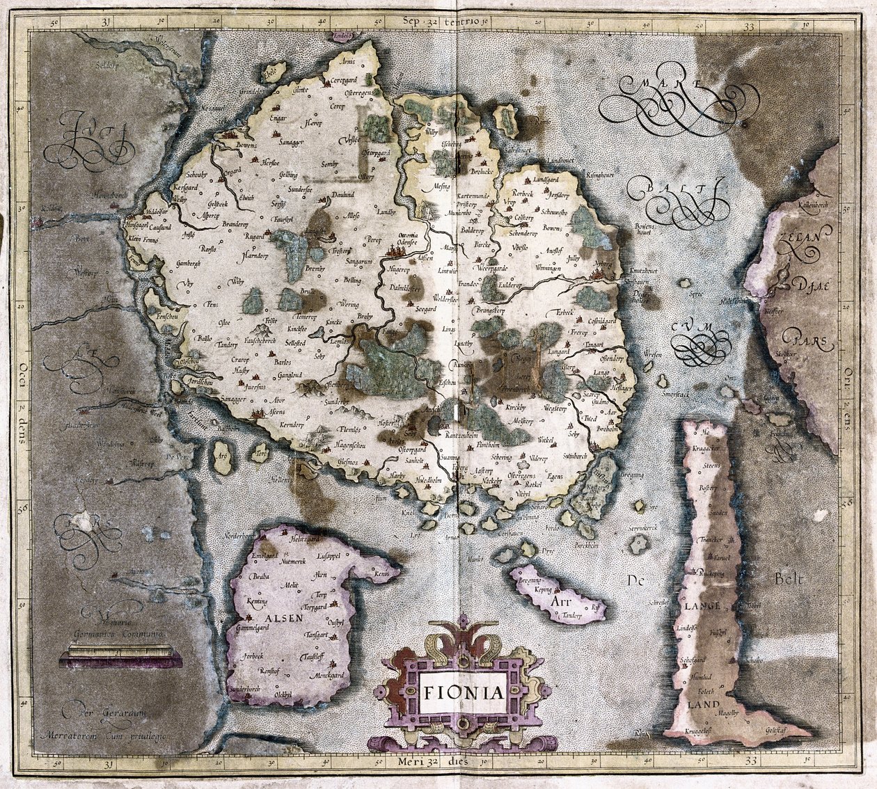 Denemarken (het eiland Langeland met Odense) (gravure) door Gerardus Mercator