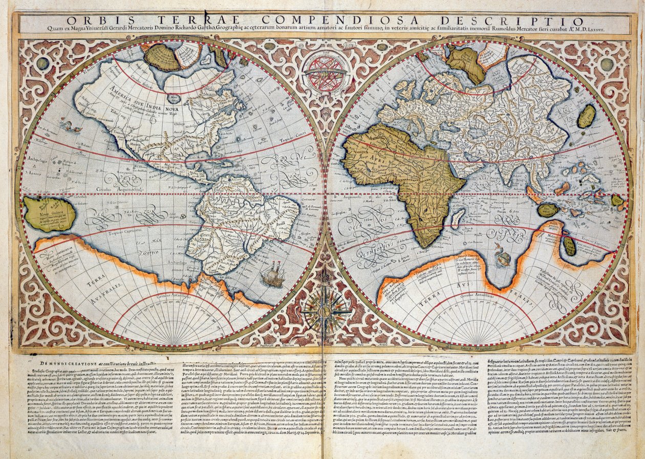 Dubbele Hemisfeer Wereldkaart, 1587 door Gerardus Mercator