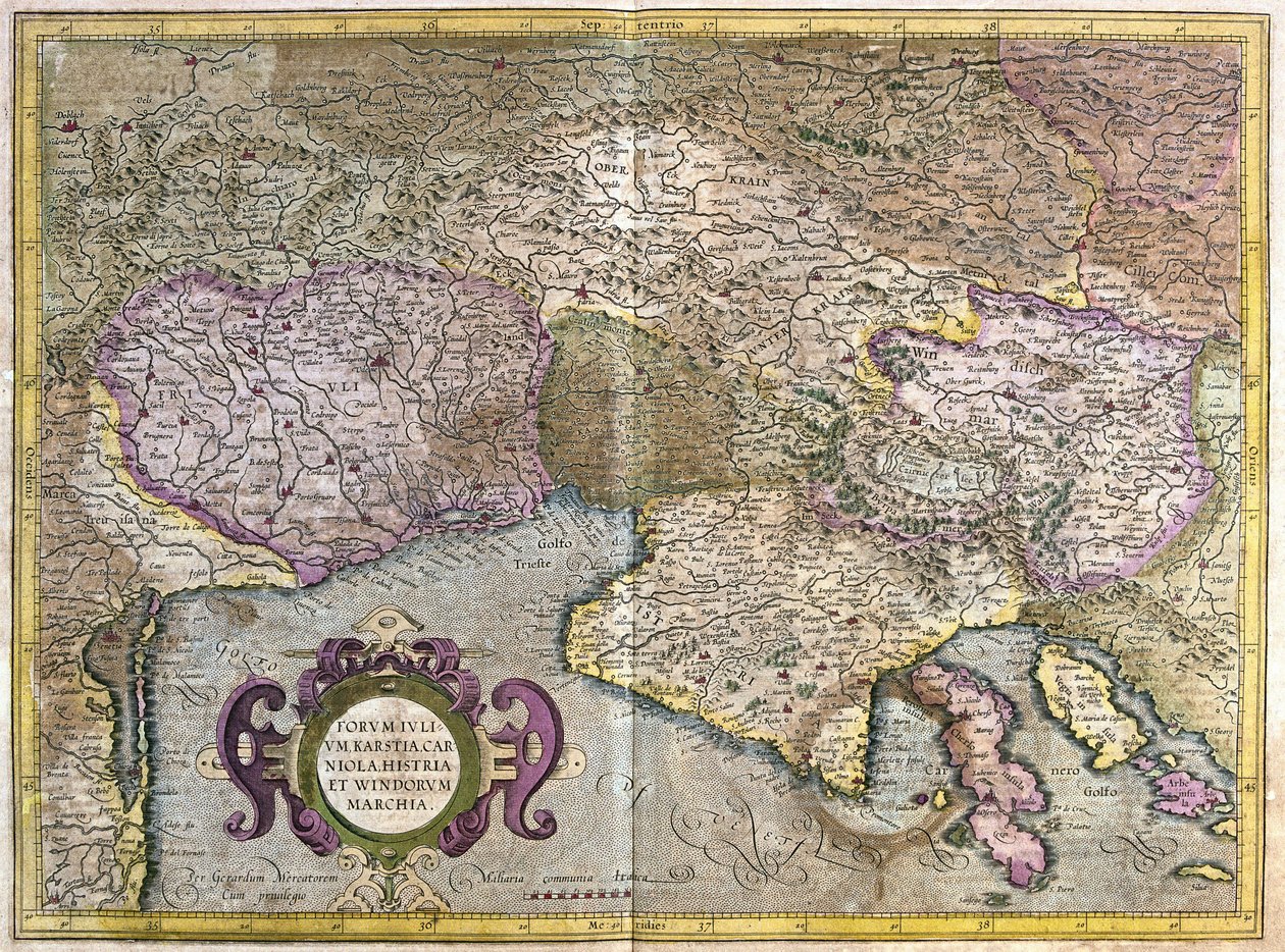 Friuli, Italië - Slovenië (Istrië) met de Golf van Triëst en de Balkan (gravure) door Gerardus Mercator