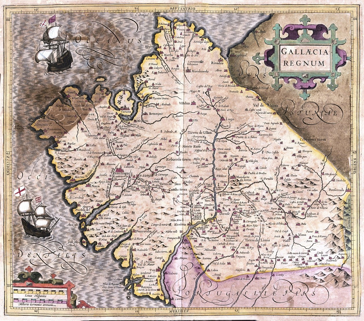 Galicië, Santiago de Compostela, Monforte de Lemos, noordwest Spanje (gravure) door Gerardus Mercator