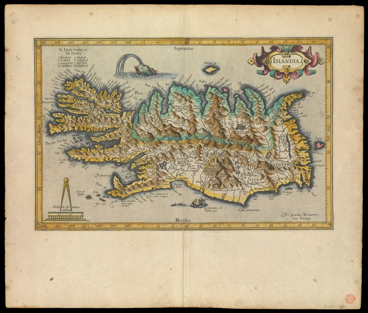 Islandia, Per Gerardum Mercatorem cum privilegio, c.1595 door Gerardus Mercator