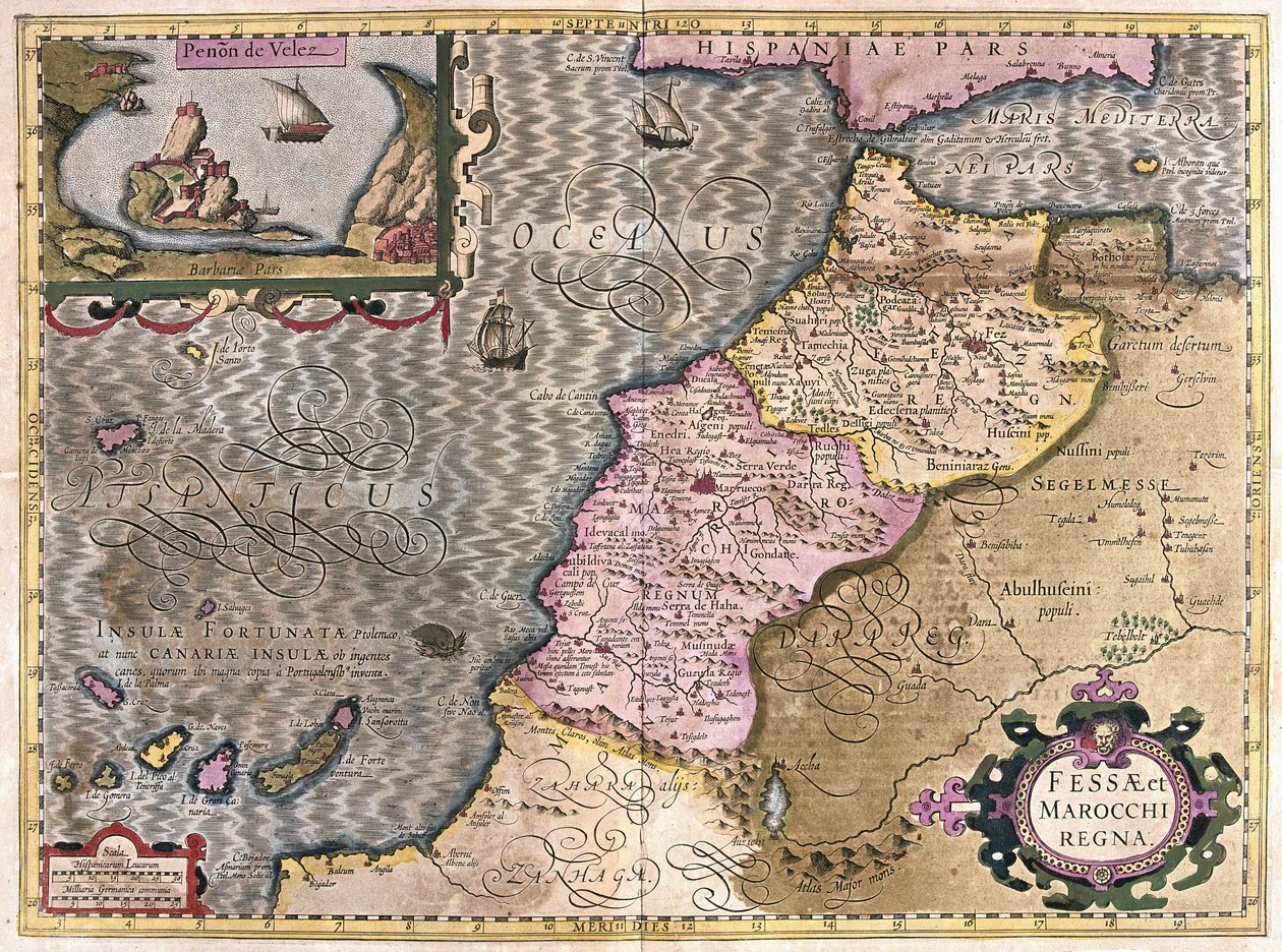 Noordwest-Afrika met de Canarische Eilanden (gravure) door Gerardus Mercator