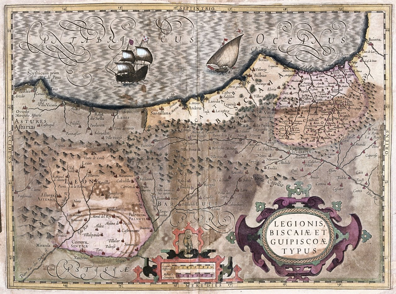 Oviedo, Burgos, Bilbao, Bayonne (Asturië), Spanje (gravure) door Gerardus Mercator
