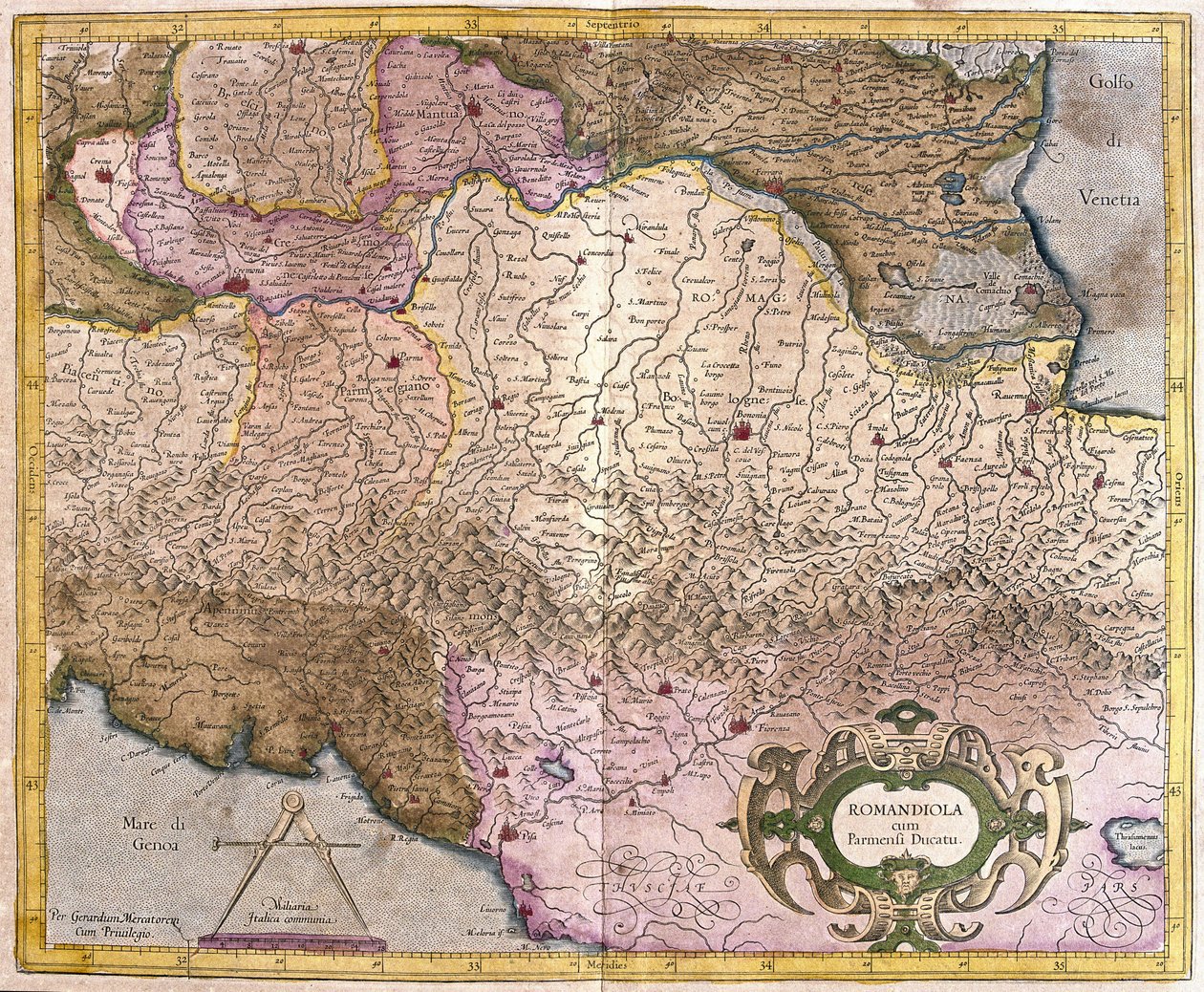 Romagna met Parma, Italië (gravure) door Gerardus Mercator