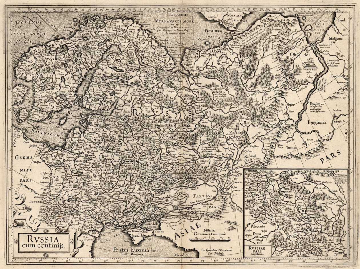Russia cum Confinijs. Kaart van Rusland, 1587 door Gerardus Mercator