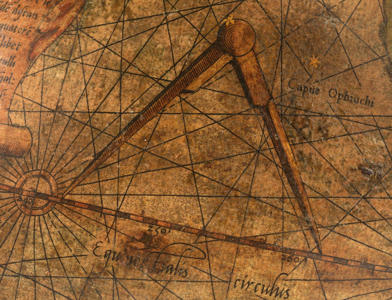 Terrestrische Globe, detail van de Stille Oceaan met een groot paar passers door Gerardus Mercator