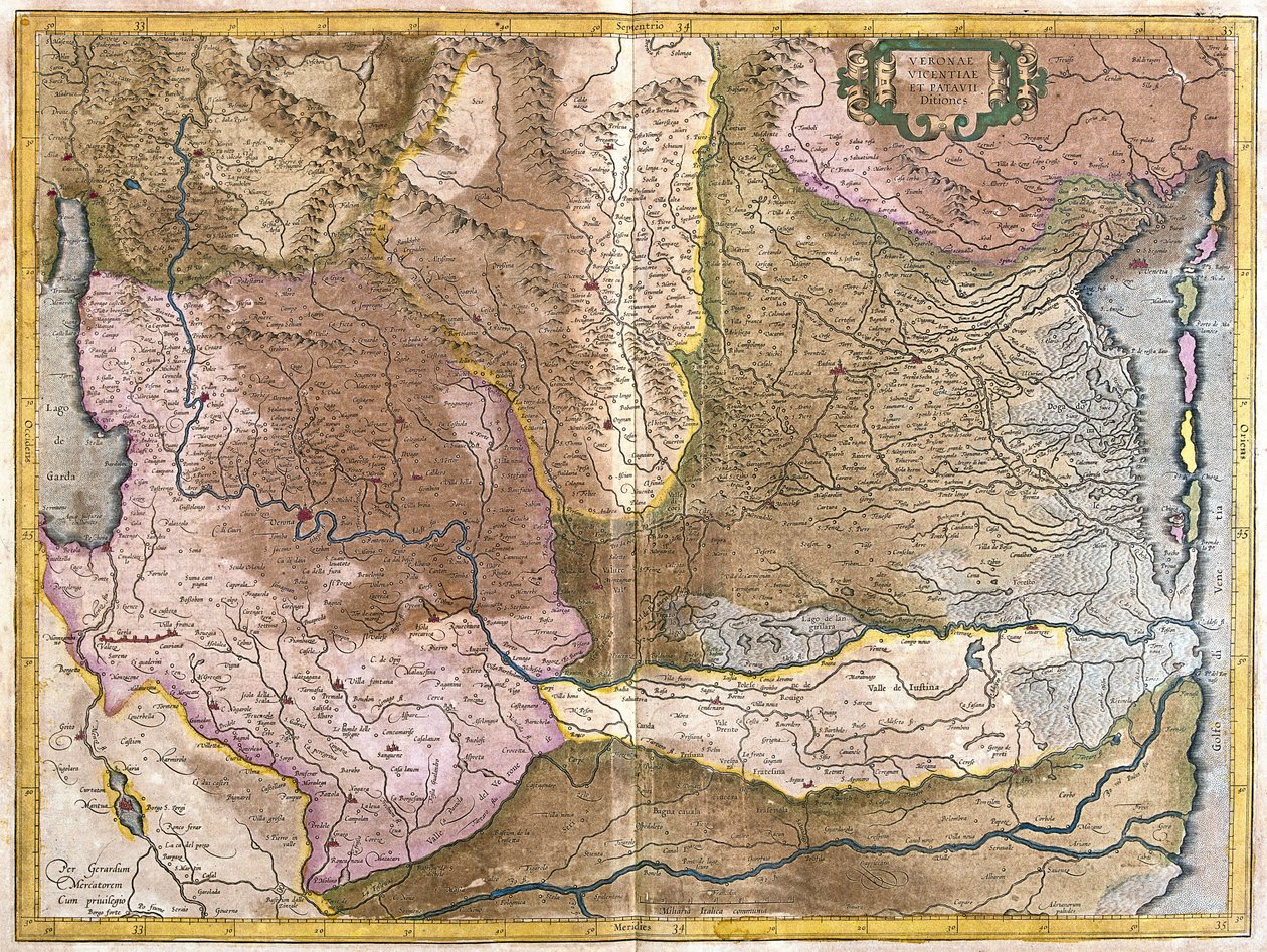 Verona, Vicenza en Padua, Italië (gravure) door Gerardus Mercator