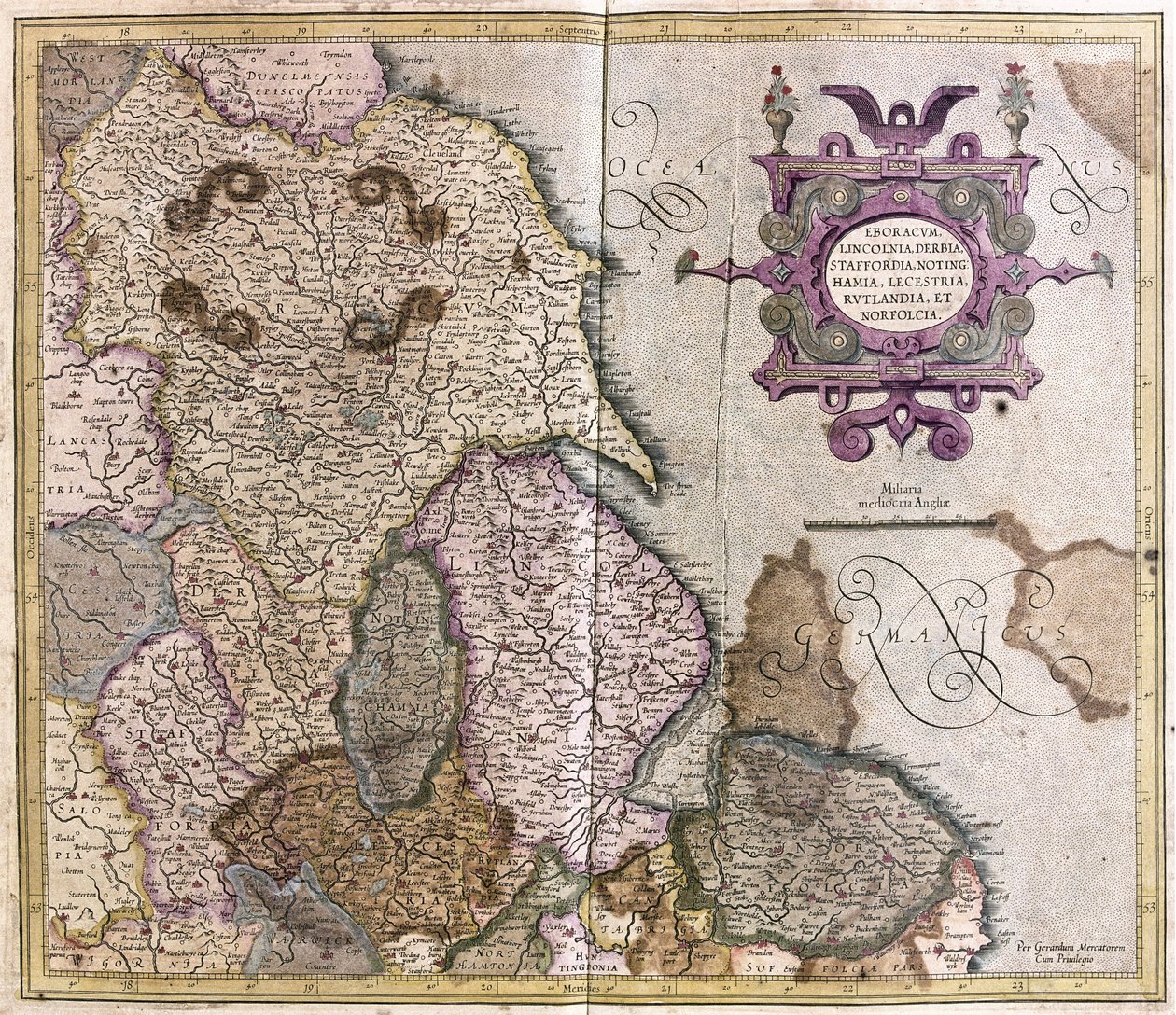 Yorkshire, Lincolnshire, Staffordshire, Nottinghamshire, Leicestershire, Rutland en Norfolk, Groot-Brittannië door Gerardus Mercator