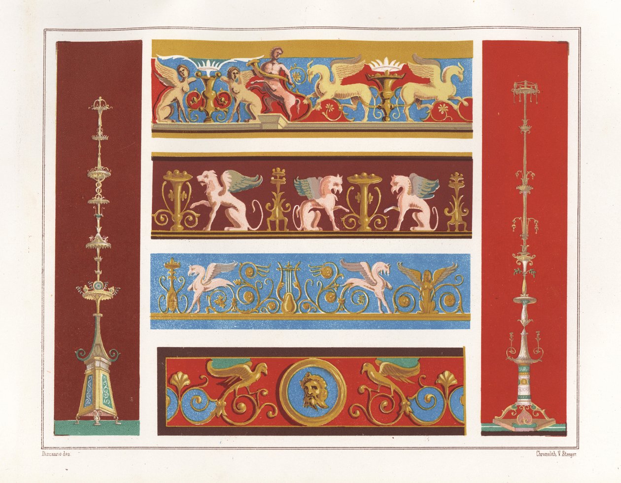 Kandelaar (links) uit het Casa del Panettiere of Huis van de Bakker, kandelaar (rechts) en fries (boven) uit Huis van Caecilius Iucundus, arabesken met griffioenen uit Casa dei Dioscuri of Huis van Castor en Pollux, en ornamenten door Geremia Discanno