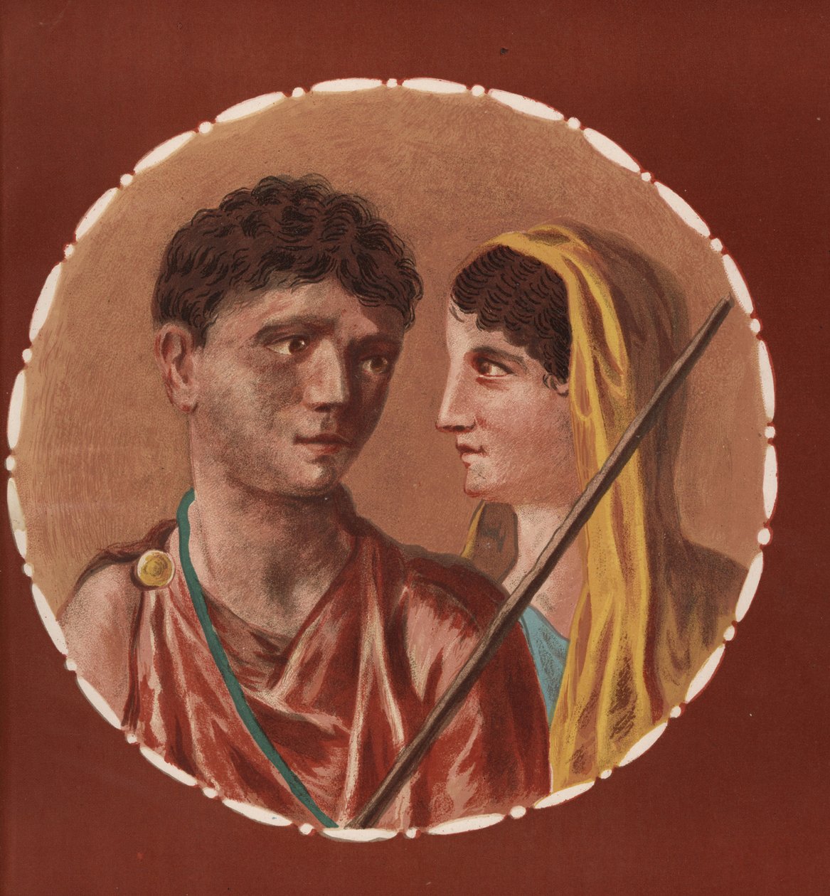 Portret van een man en vrouw uit een niet-geïdentificeerd huis in Pompeii. Chromolithografie door Victor Steeger naar een illustratie van Geremia Discanno uit Emile Presuhn (1844-1878) De Mooiste Schilderijen van Pompeii, Leipzig door Geremia Discanno