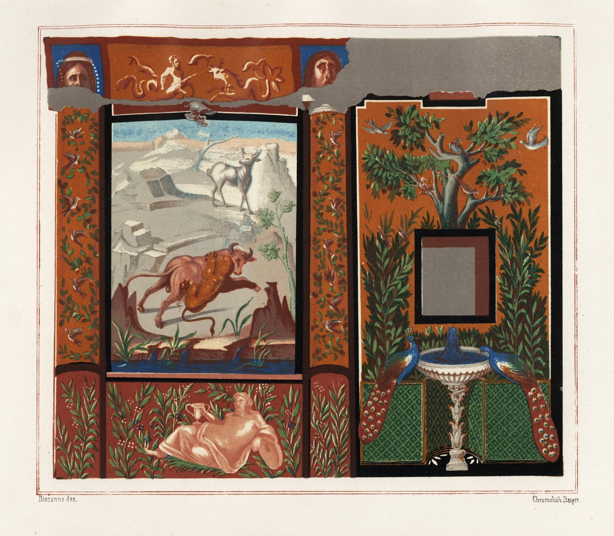 Muurschildering in een viridarium (tuin) van een tijger die een stier aanvalt, en pauwen op een fontein, uit het Huis met de Inscripties, Regio V, Insula I, N. 18 (chromolithografie door Victor Steeger naar een illustratie van Geremia Discanno uit Emile Pr door Geremia Discanno