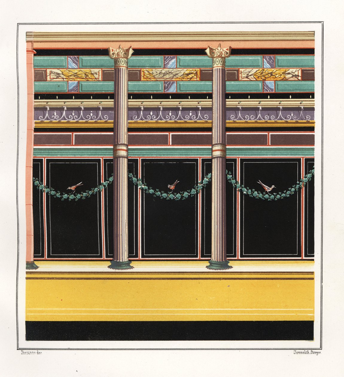Muurschildering uit een kamer in het Huis van de Epigrammen. V, Ins. 1, No. 18. Chromolithografie door Victor Steeger naar een illustratie van Geremia Discanno uit Emile Presuhn (1844-1878) De Mooiste Schilderijen van Pompeii, Leipzig door Geremia Discanno