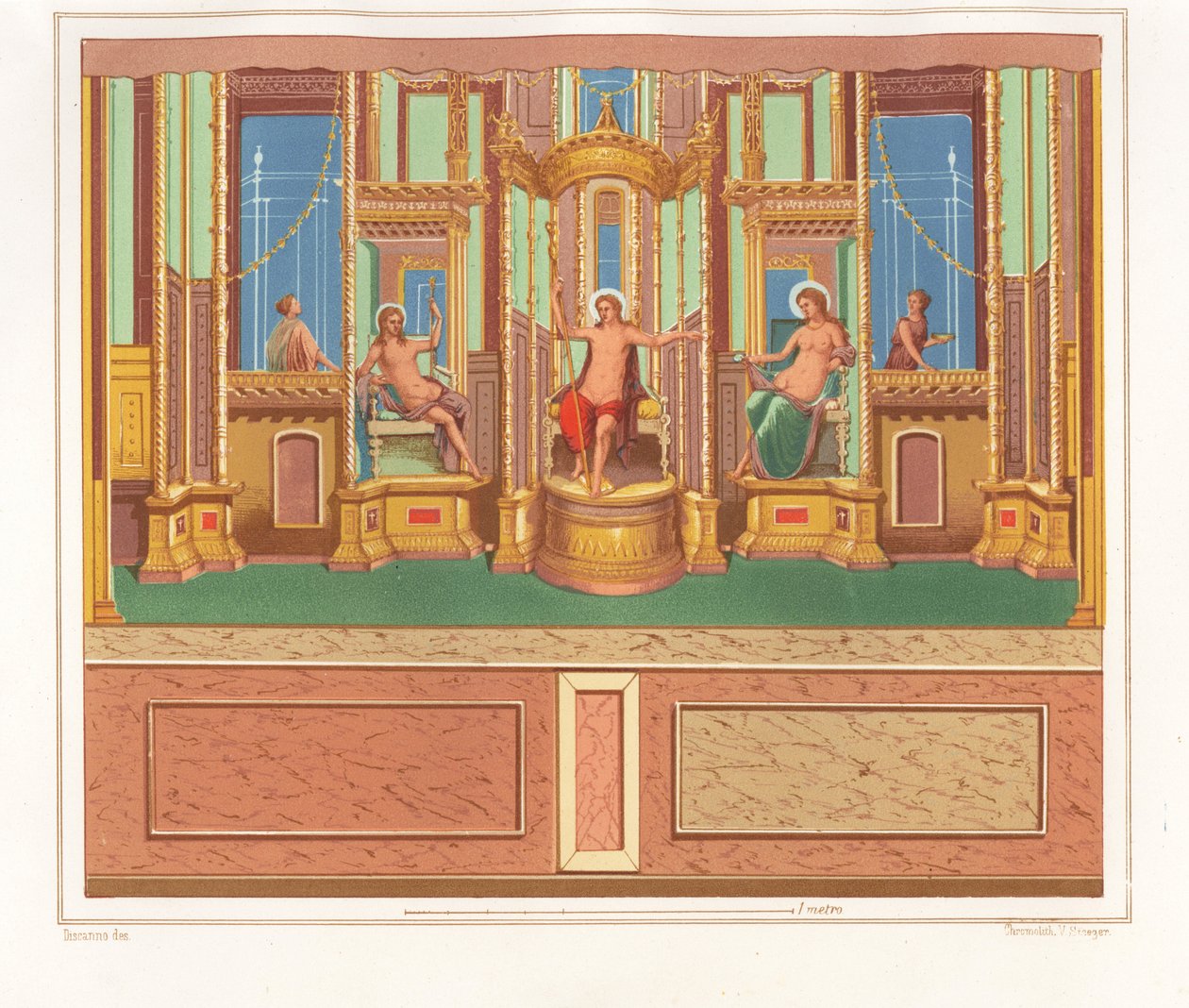 Muurschildering met Bacchus, Venus en Apollo uit een afgelegen zitgedeelte in een hoek van een tuin in de Domus M. Herenulli Communis of Huis van Apollo, Reg. VI, Ins. VII, No. 23 door Geremia Discanno