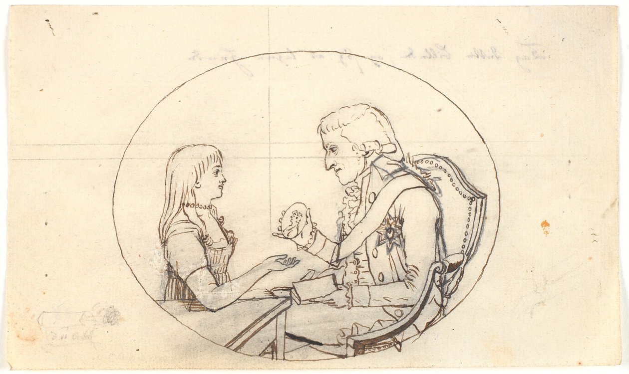 Erfprins Frederik met de erfprins (Chr. VIII) toont een portret van de overleden erfprinses Sofie Frederikke door Gerhard Ludvig Lahde
