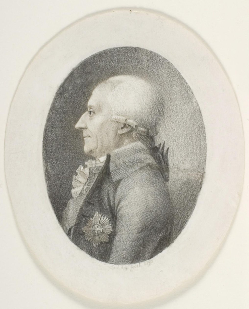 Portret van A.P. Bernstorff, graaf, minister-president (1735-1797). Borstbeeld. Profiel naar links door Gerhard Ludvig Lahde