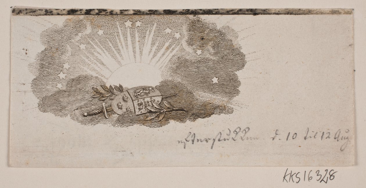 Vignet met de wapens van de drie noordelijke koninkrijken in de wolken voor de zon door Gerhard Ludvig Lahde