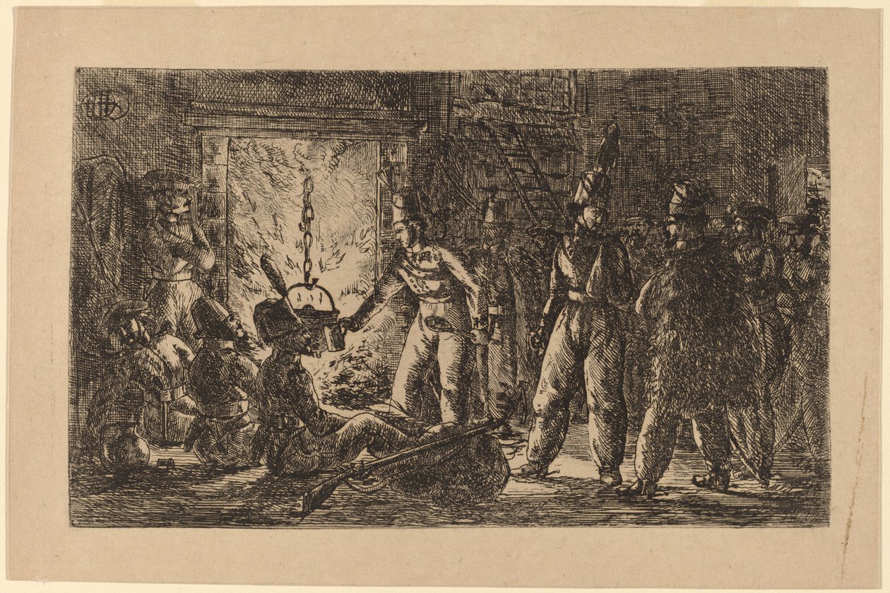Kozakken voor een open haard door Gerhardus Emaus de Micault
