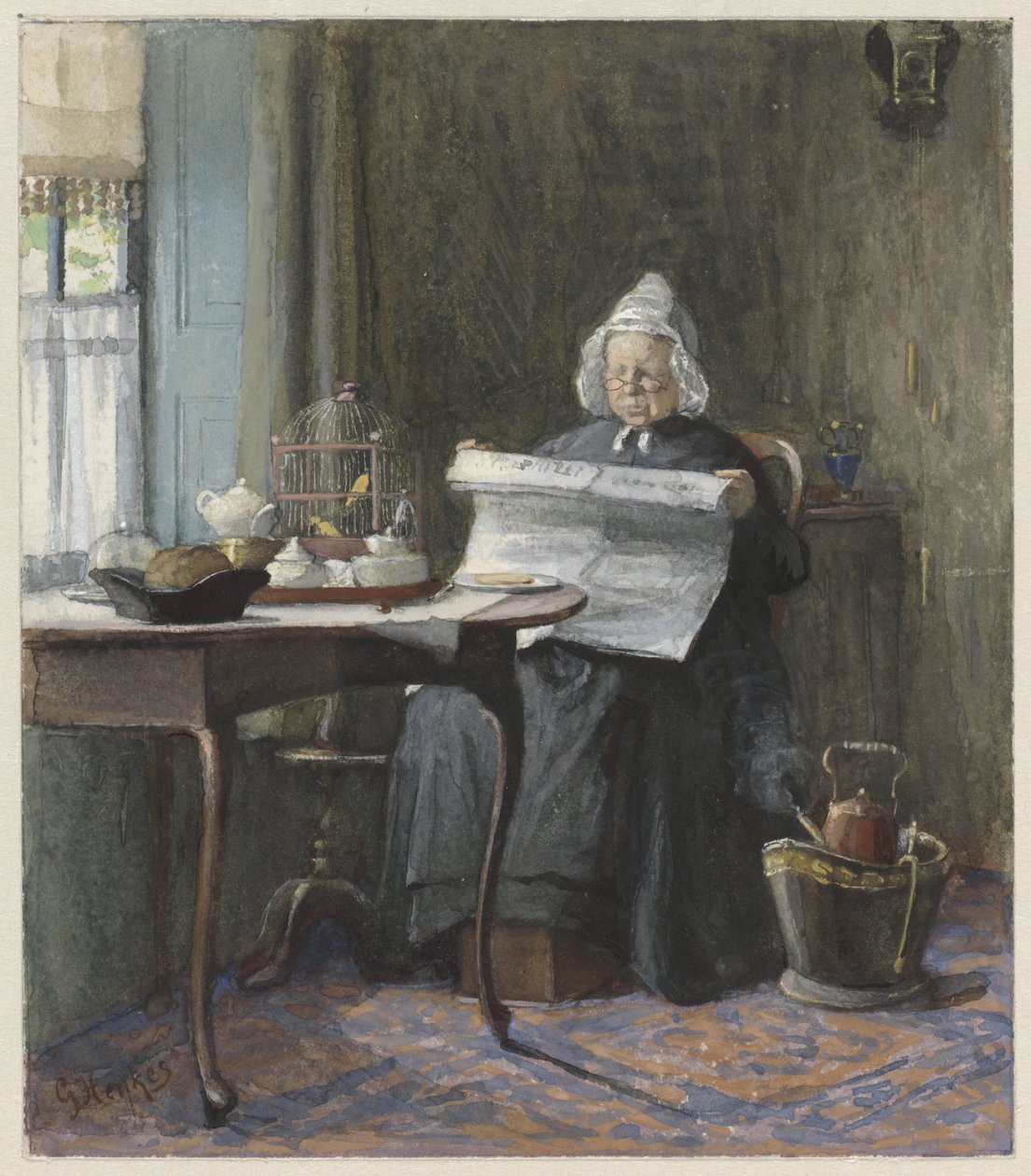 Interieur met een vrouw die de krant leest door Gerke Henkes