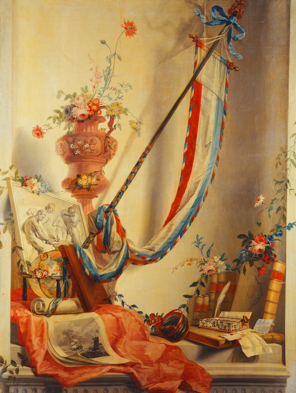Een banier, bloemen in een urn, een reliëf, een wereldbol, een prent, een kompas, een schrijfgerei, brieven en Blaeu