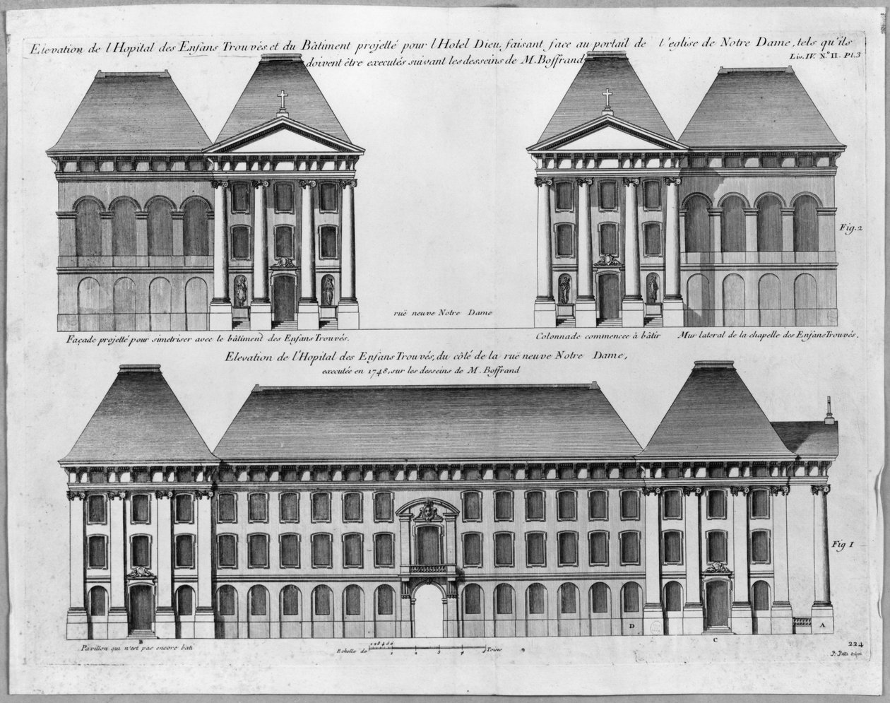Elevatie van het Hopital des Enfants Trouves, gegraveerd door Pierre Patte, 1748 door Germain Boffrand