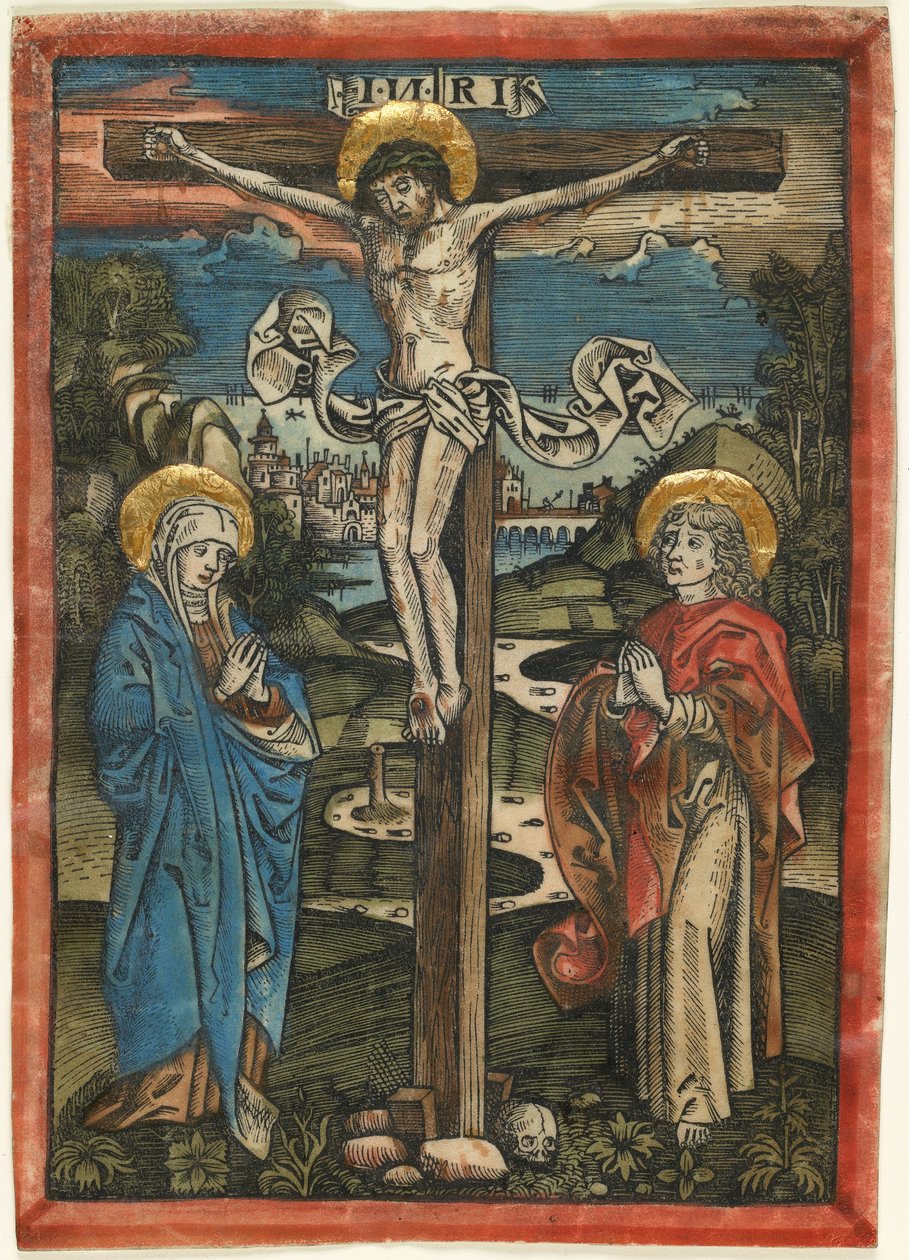 Christus aan het kruis met Maria en Sint Jan, uit het Missale Defunctorum, c.1499 door German School
