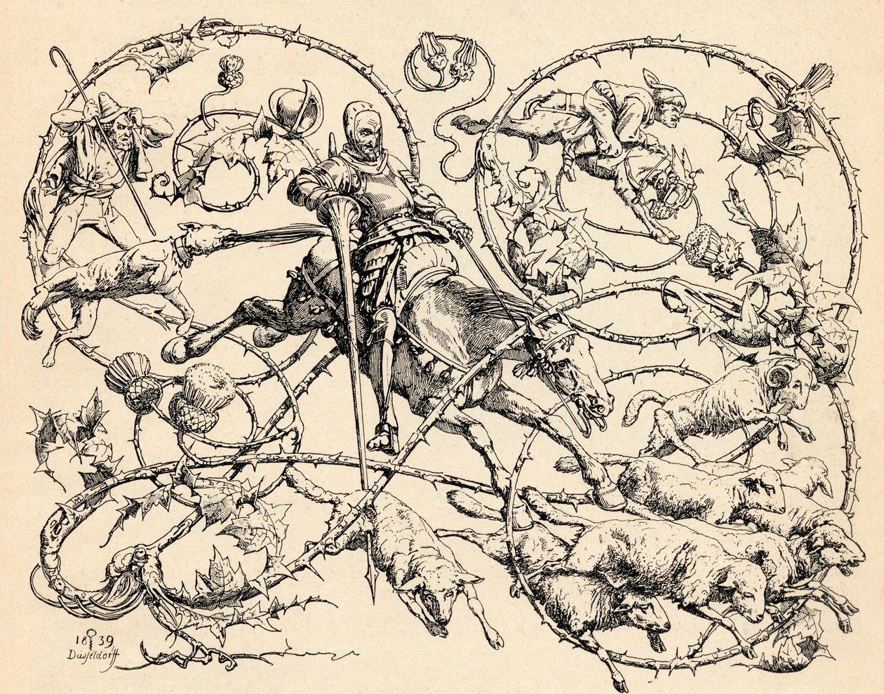 Don Quichot vecht tegen de kudde schapen, ze verwarrend voor twee legers, 1839, uit 
